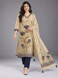 Beige and Navy Floral Kurta Set with Dupatta