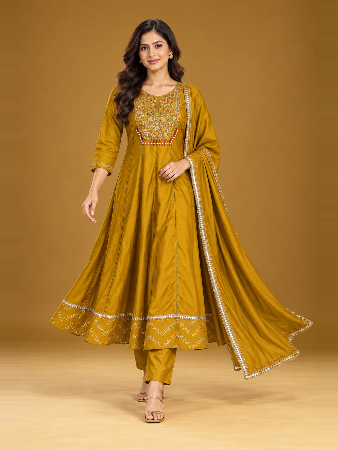 Mustard Embroidered Anarkali Set with Dupatta – walking shot