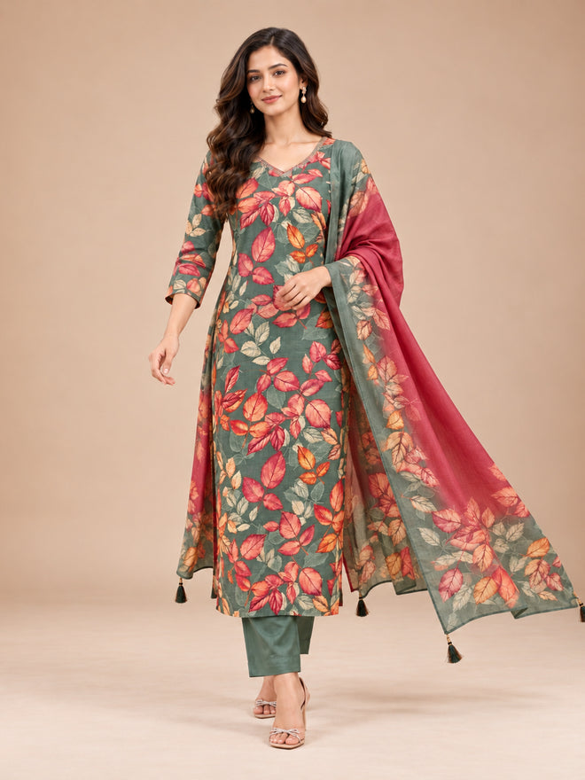 Women's Sage Green Leaf Printed Kurta Set with Dupatta