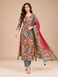 Women's Sage Green Leaf Printed Kurta Set with Dupatta