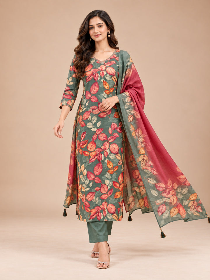 Women's Sage Green Leaf Printed Kurta Set with Dupatta