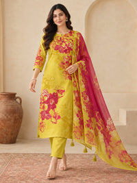 Women's Yellow & Magenta Floral Printed Kurta Set with Dupatta