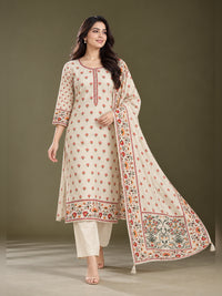 Women's Ivory Floral Printed Kurta Set with Dupatta