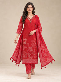 Red Floral Printed Cotton-Silk Kurta Set with Dupatta