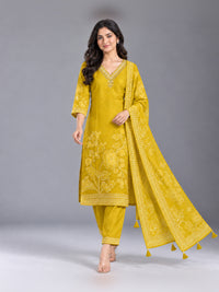 Yellow Floral Printed Cotton-Silk Kurta Set with Dupatta