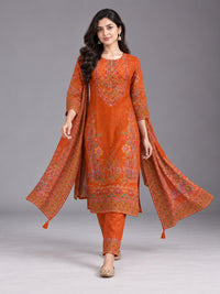 Rust Orange Floral Printed Cotton-Silk Kurta Set with Dupatta