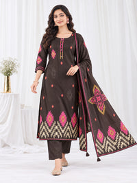 Women's Dark Brown Geometric Printed Kurta Set with Dupatta