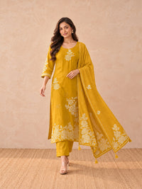 Women's Mustard Yellow Floral Kurta Set with Dupatta