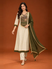 Ivory Floral Yoke Kurta Set with Olive Green Dupatta