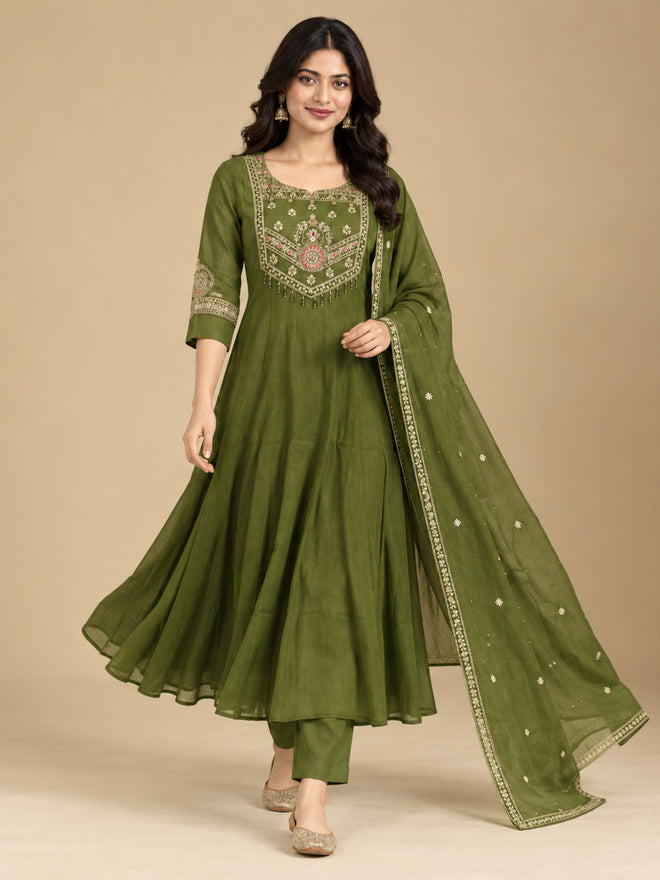 Olive Green Embroidered Chanderi-Silk Anarkali Set with Dupatta