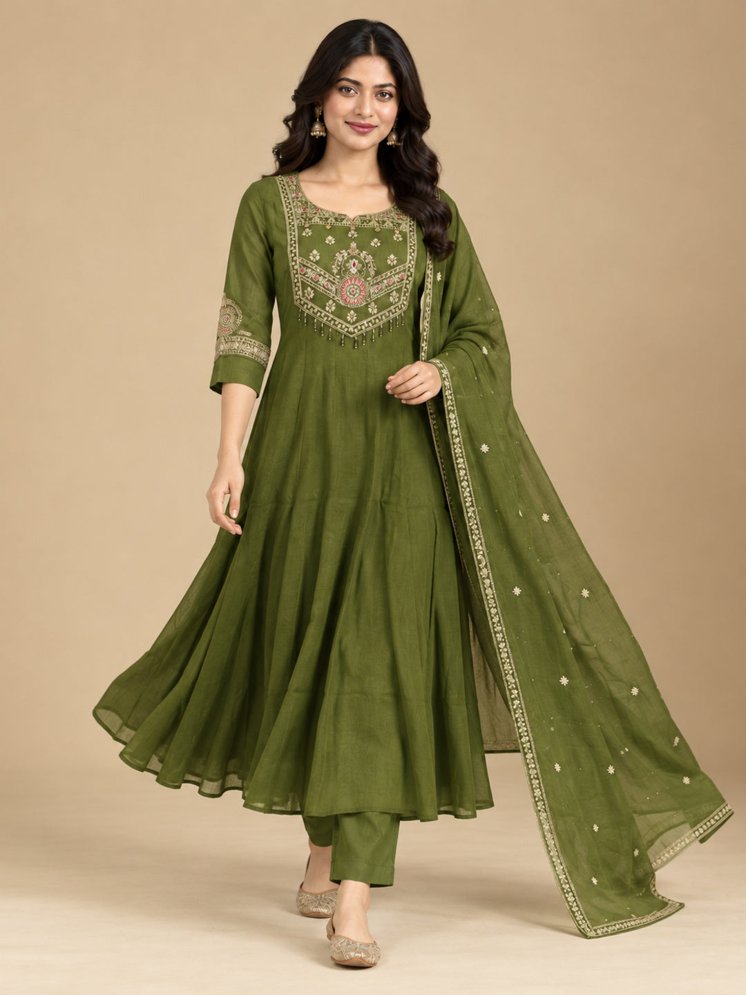 Olive Green Embroidered Chanderi-Silk Anarkali Set with Dupatta
