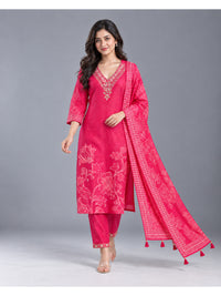 Pink Floral Printed Cotton- Silk Kurta Set with Dupatta