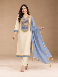 Ivory Floral Yoke Kurta Set with Blue Dupatta