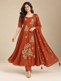 Brown Embroidered Chanderi-Silk Anarkali Set with Dupatta