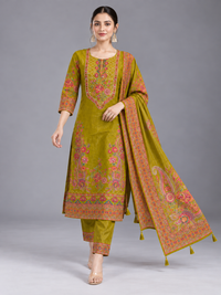 Women Floral Embroidered Cotton-Silk Kurta with Trousers & With Dupatta