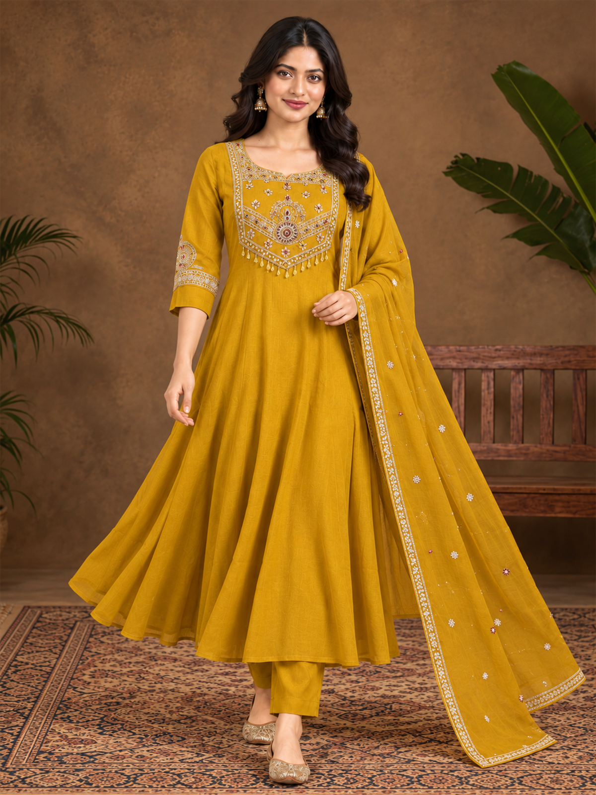 Mustard Embroidered Chanderi Silk Anarkali Suit Set