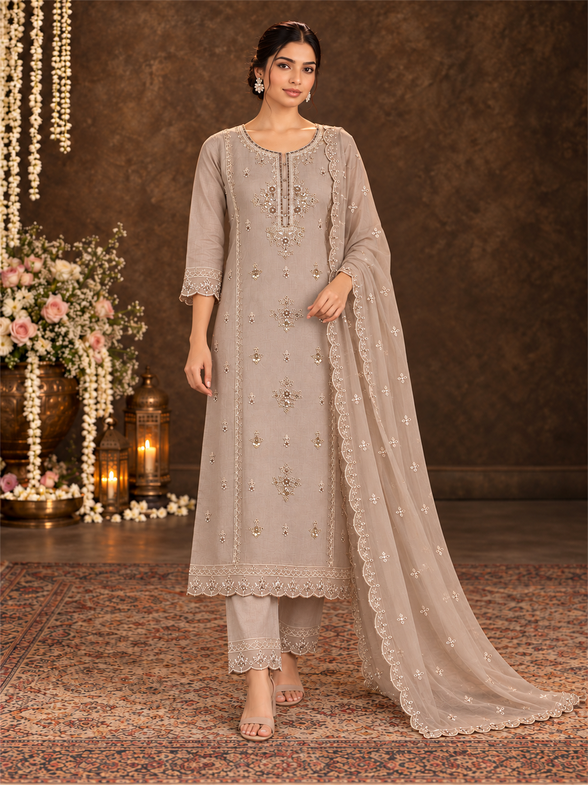 Beige Floral Embroidered Mul Chanderi Straight Kurta Trouser Set with Dupatta