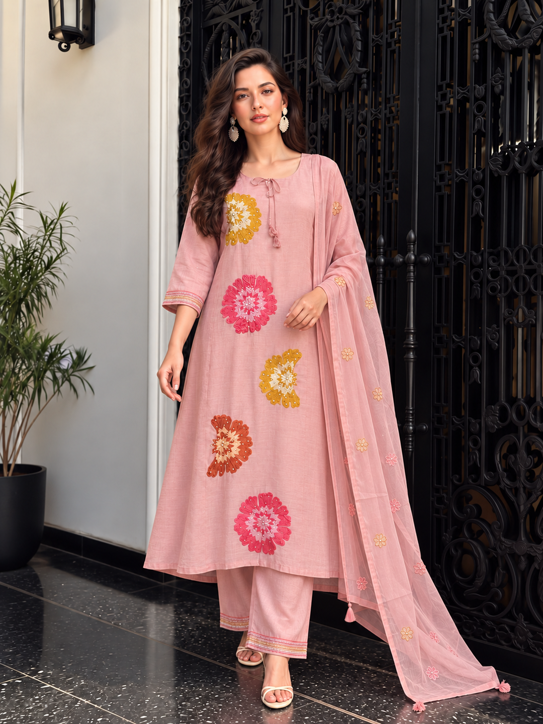 Dusty Pink Floral Embroidered Mul Chanderi Suit Set