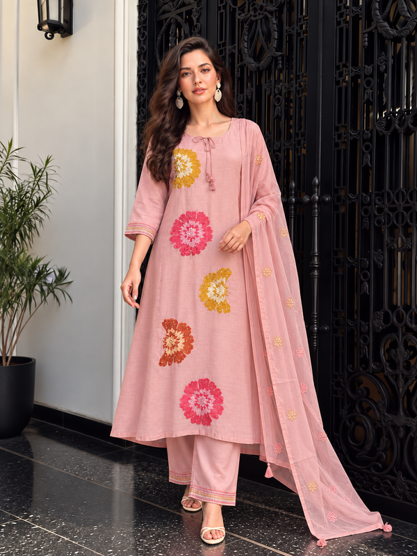 Dusty Pink Floral Embroidered Mul Chanderi Suit Set
