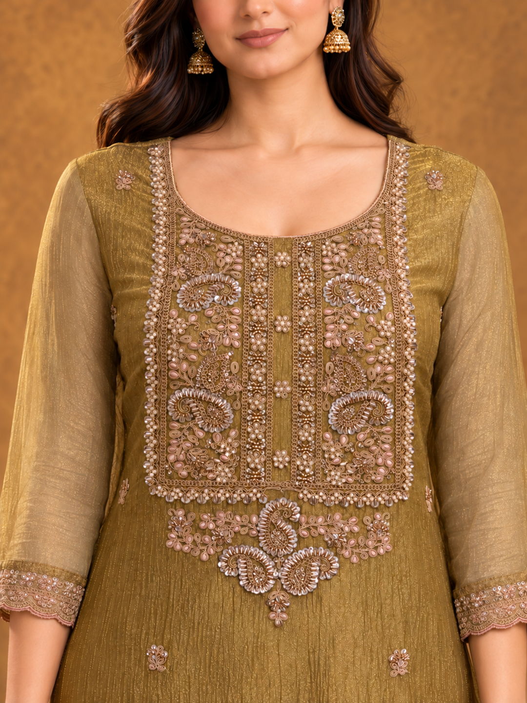 Antique Gold Embroidered Poly Silk Suit Set