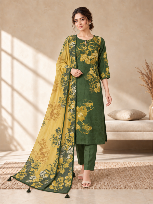 Green Floral Printed Kurta Set with Dupatta