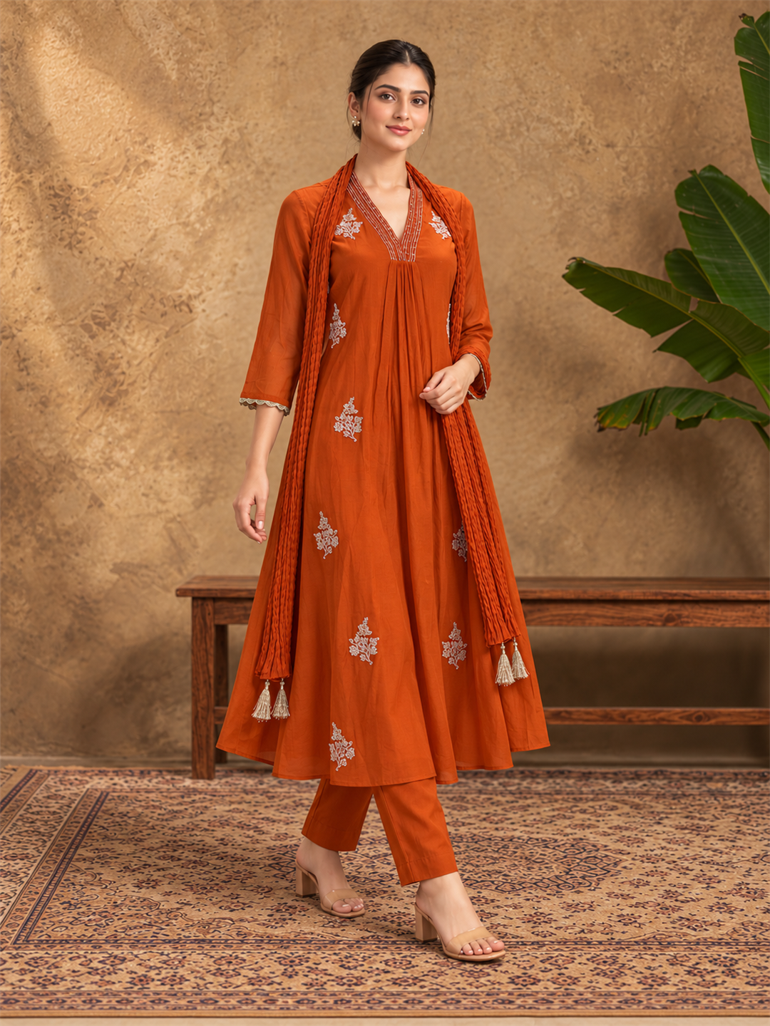Rust Orange Mul Chanderi Embroidered Kurta Pant Set with Dupatta