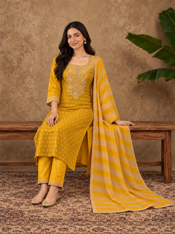 Yellow Jacquard Kurta Set with Striped Dupatta