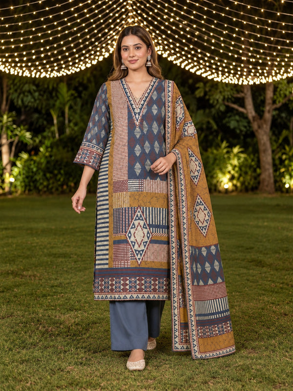 Mustard & Slate Blue Geometric Printed Silk Blend Kurta Trouser Set with Dupatta