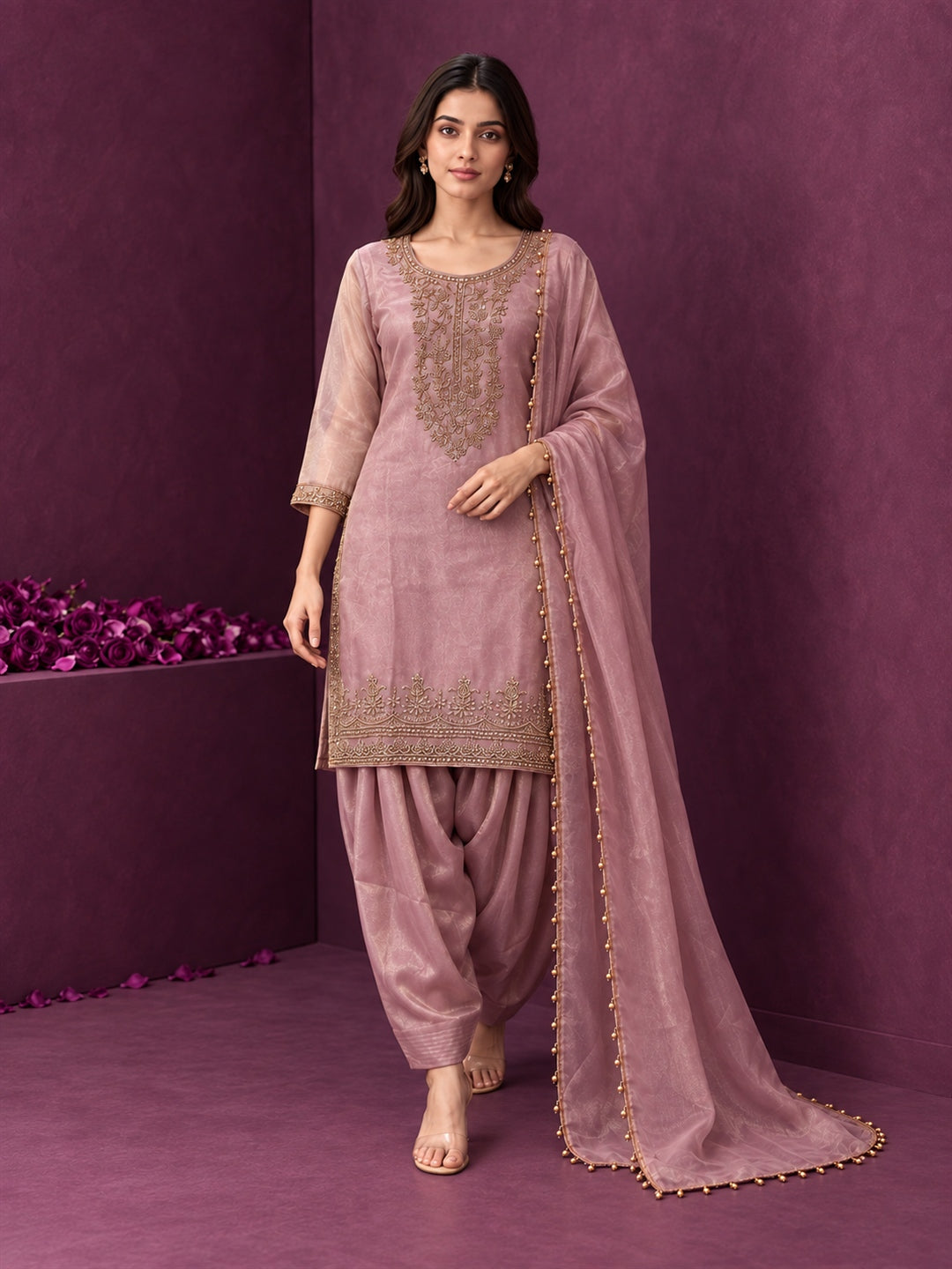 Mauve Pink Pure Silk Embroidered Punjabi Suit with Pearl-Trimmed Dupatta