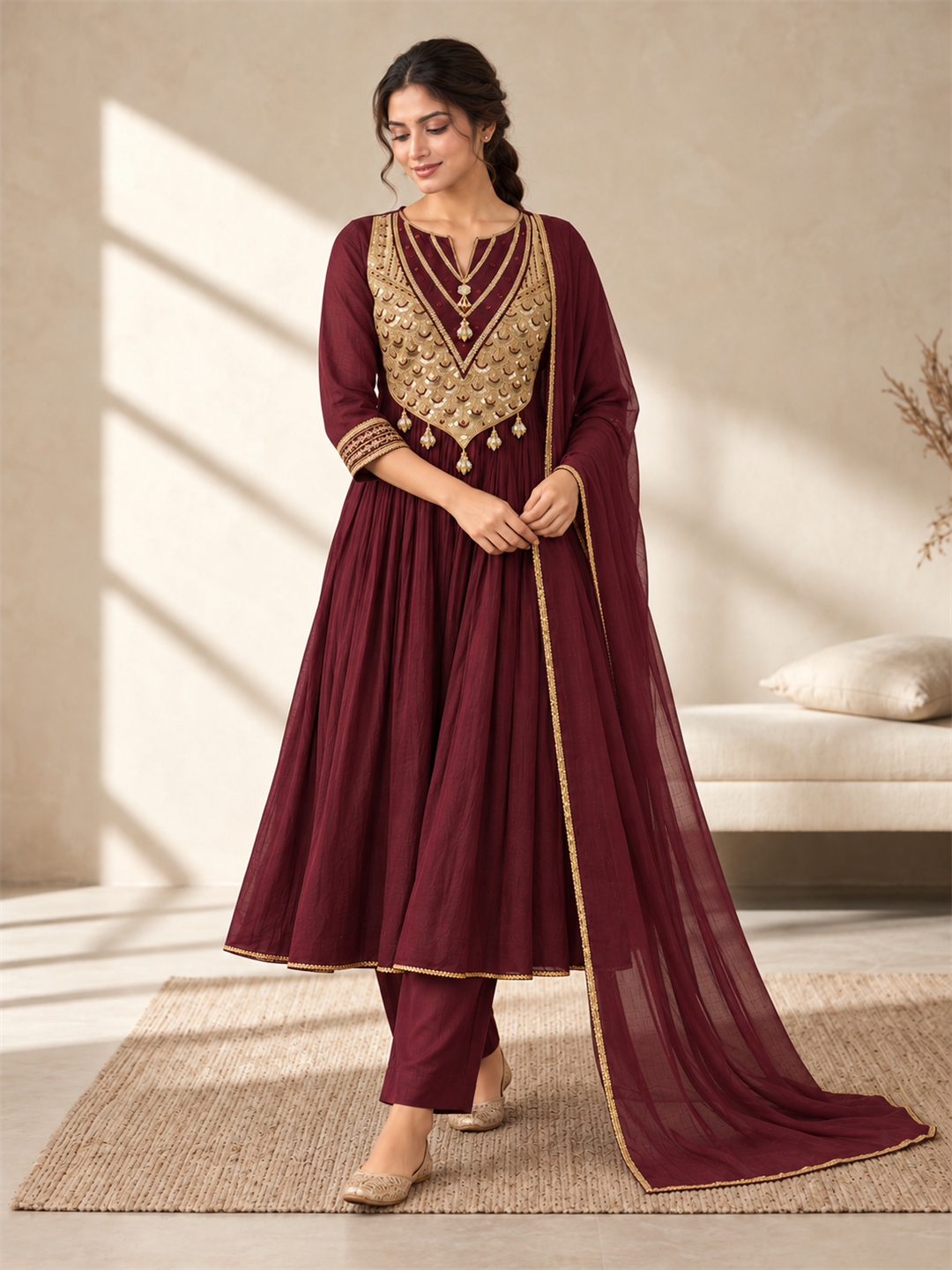 Wine Gold Embellished Silk Blend Anarkali Suit Set