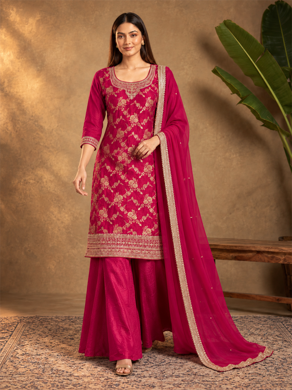 Bright Pink Embroidered Silk Blend Sharara Suit with Dupatta