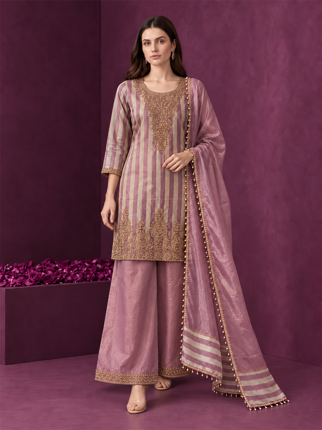 Dusty Pink Striped Pure Silk Palazzo Suit Set