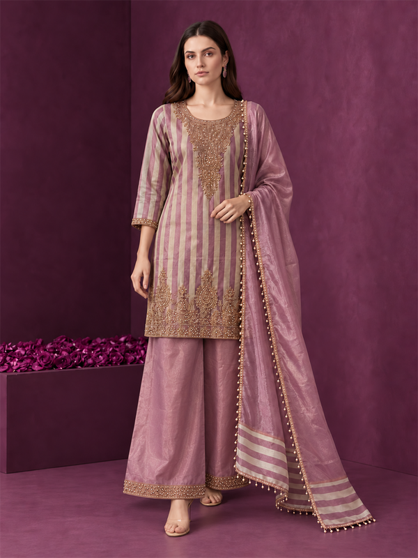 Dusty Pink Striped Pure Silk Palazzo Suit Set