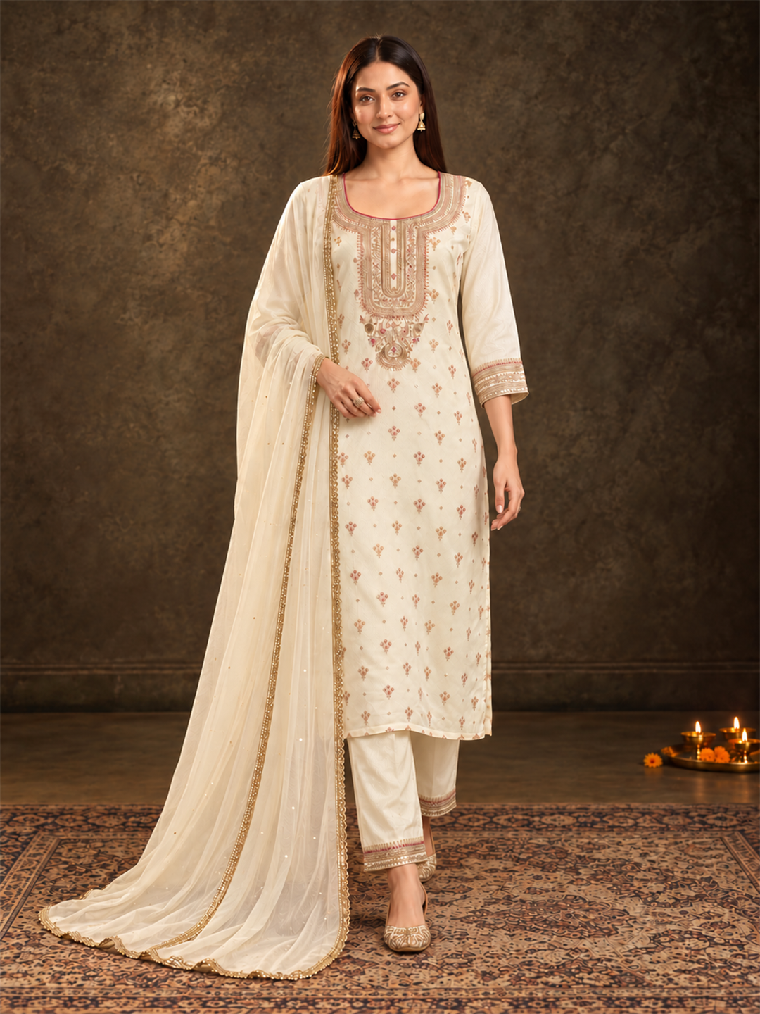 Ivory Silk Blend Embroidered Kurta Pant Set with Dupatta