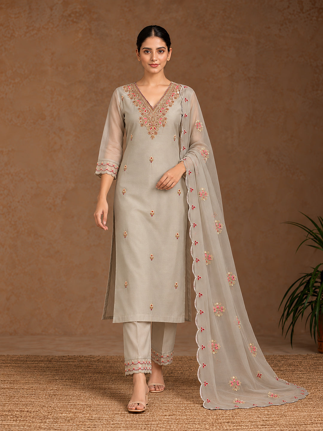 Grey Silk Blend Embroidered Straight Suit Set with Floral Dupatta