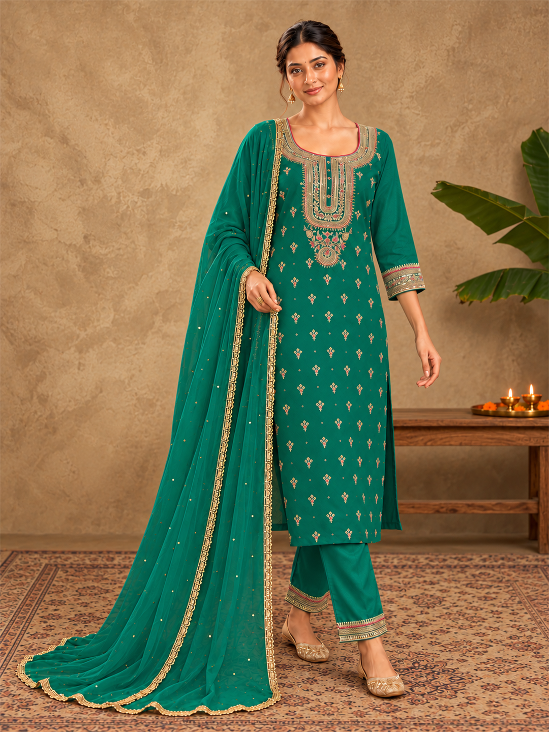 Emerald Green Embroidered Silk Blend Kurta Set with Dupatta