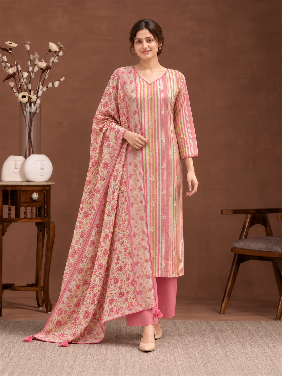 Rose Pink Striped Linen Suit Set with Floral Dupatta