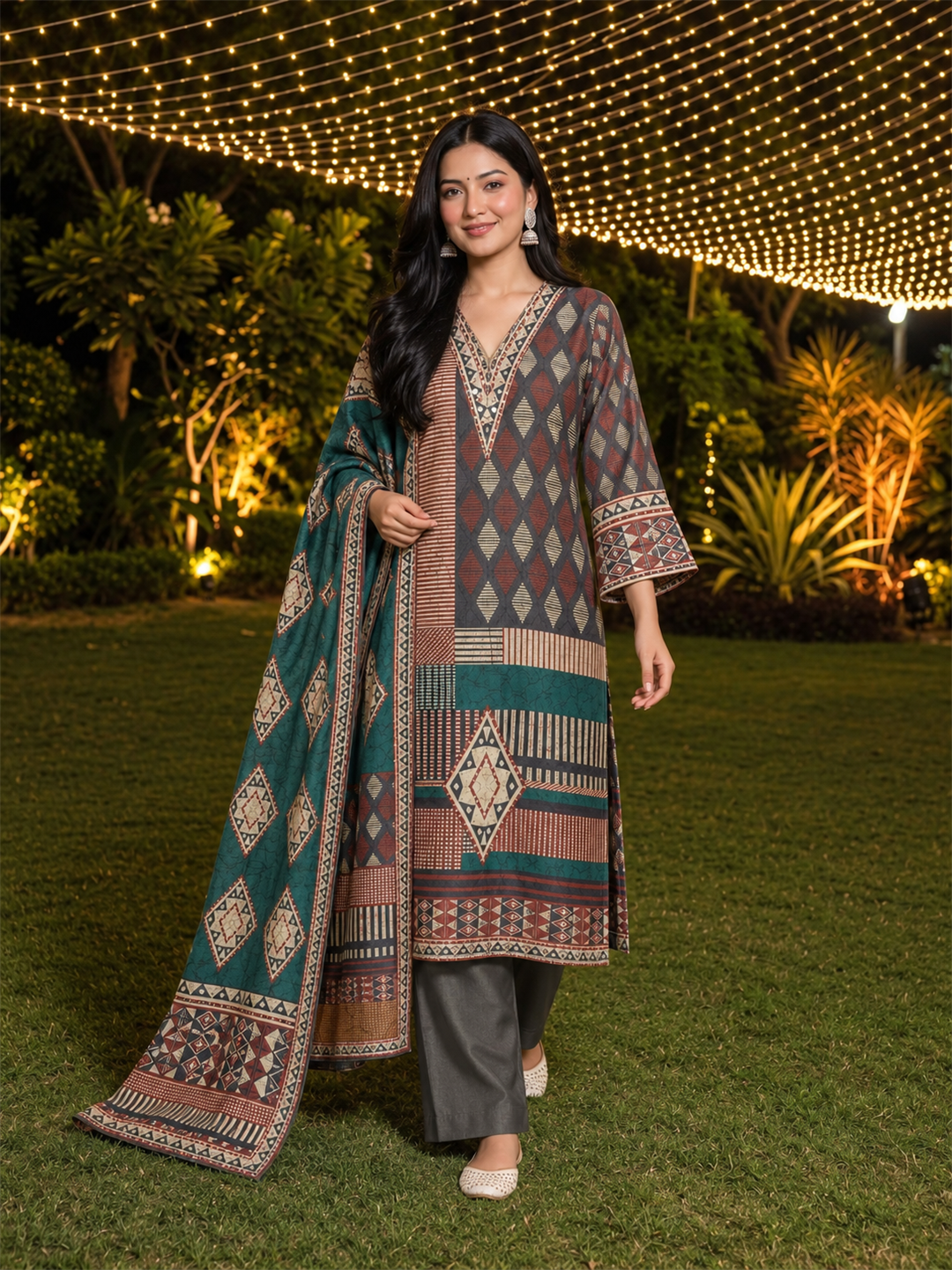 Teal Green & Charcoal Grey Geometric Printed Silk Blend Straight Kurta Trouser Set with Dupatta