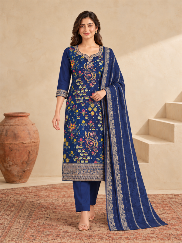 Royal Blue Floral Printed Silk Blend Suit Set