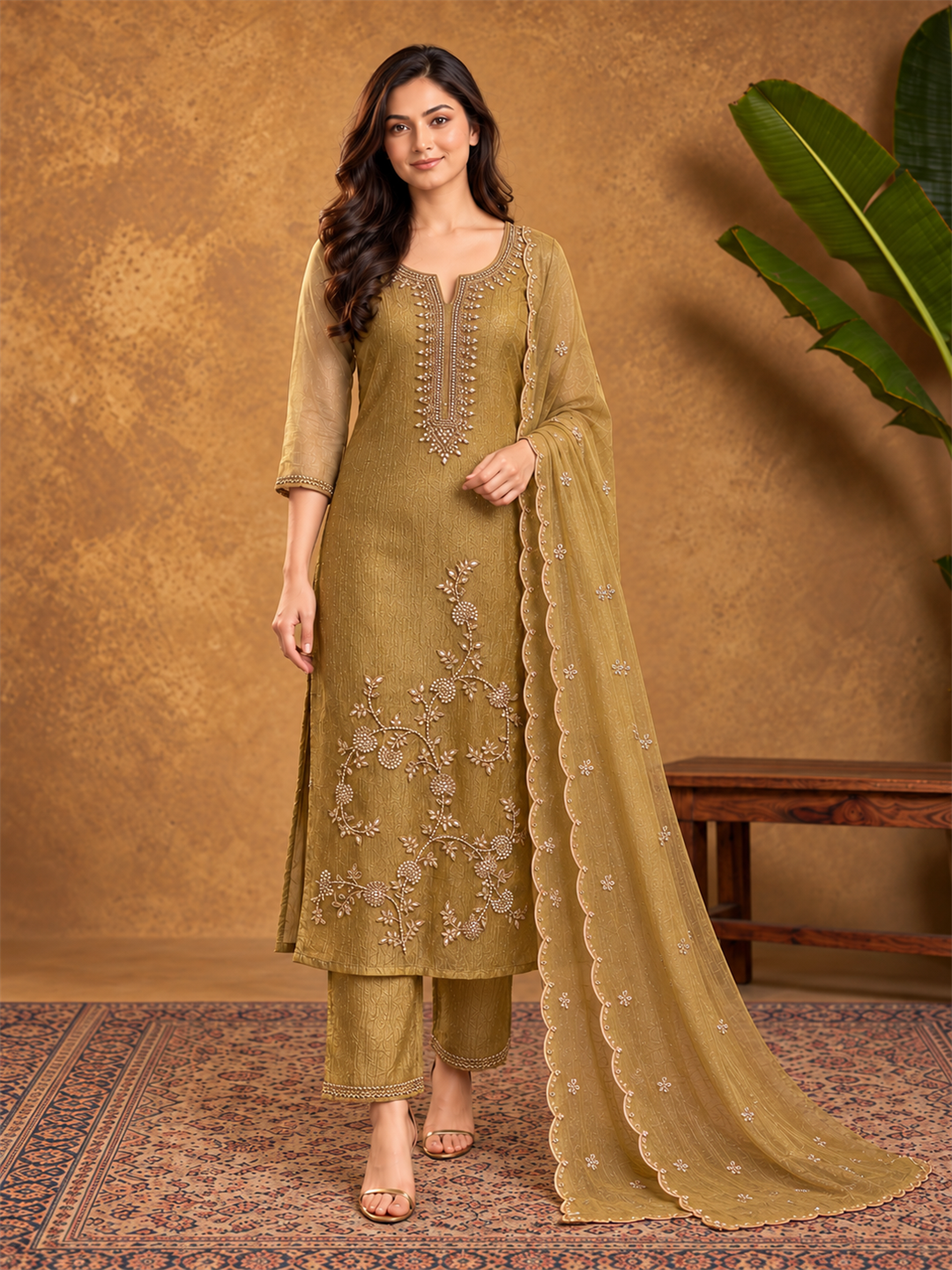 Gold Poly Silk Embroidered Kurta Palazzo Set with Dupatta