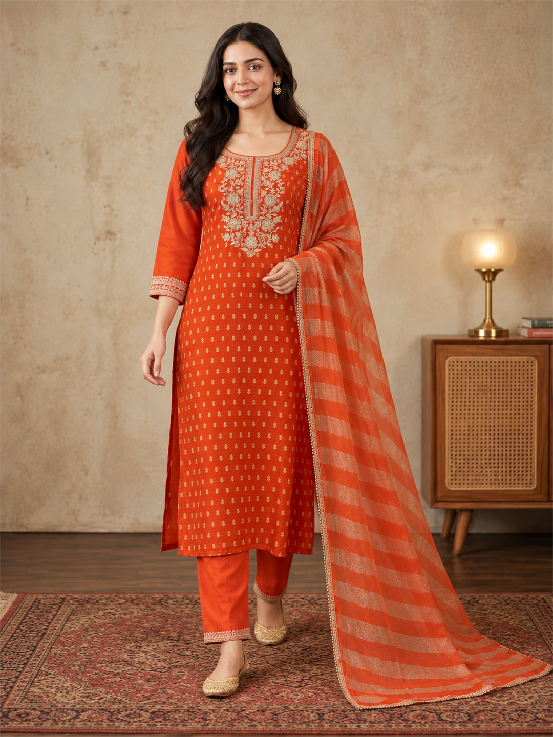 Rust Orange Jacquard Kurta Set with Striped Dupatta