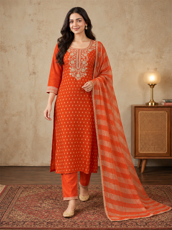 Rust Orange Jacquard Kurta Set with Striped Dupatta