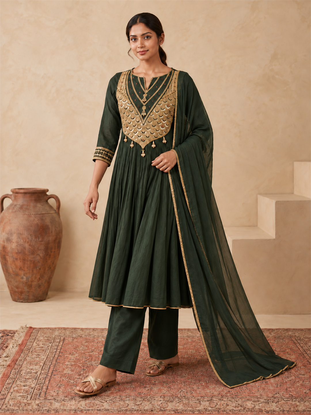 Forest Green Gold Embellished Silk Blend Anarkali Suit Set