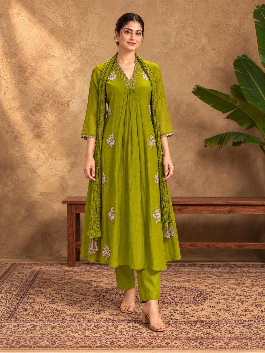 Green Mul Chanderi Embroidered Kurta Pant Set with Dupatta