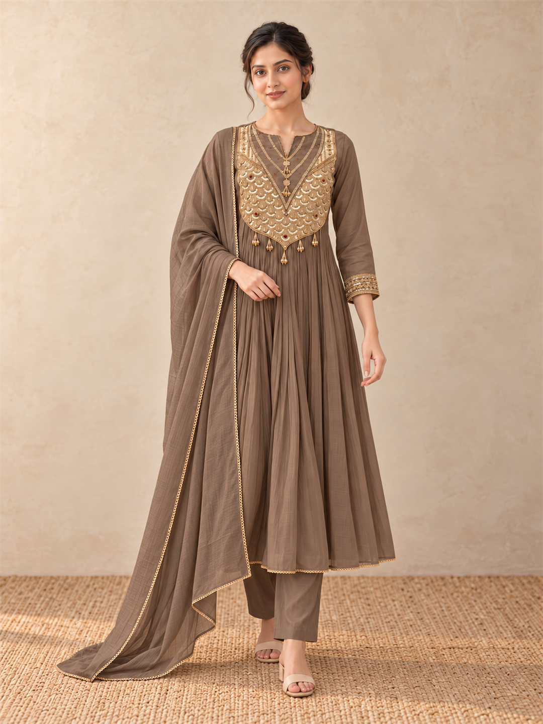 Taupe Gold Embellished Silk Blend Anarkali Suit Set