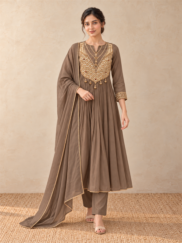 Taupe Gold Embellished Silk Blend Anarkali Suit Set