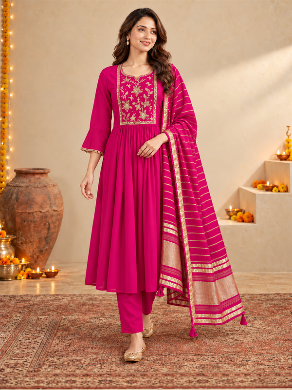 Fuchsia Pink Mul Chanderi Embroidered Kurta Pant Set with Dupatta