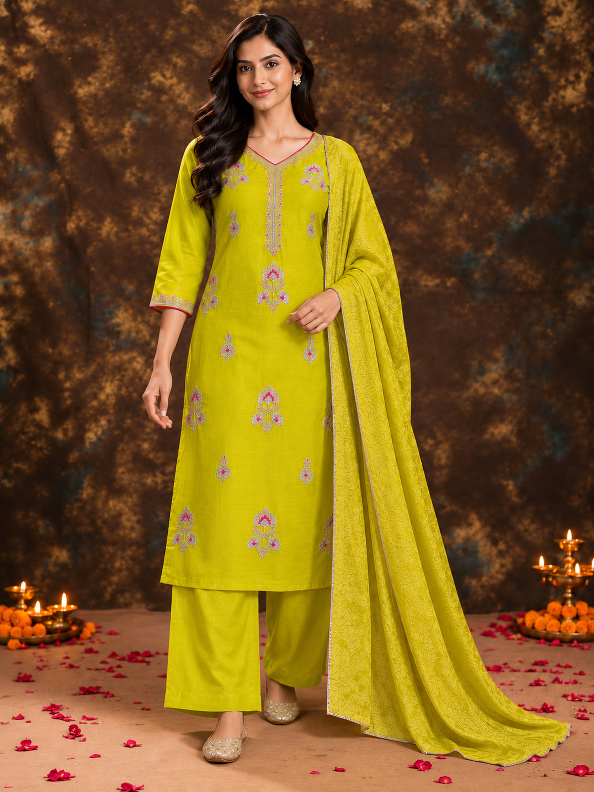Lime Yellow Silk Blend Floral Embroidered Kurta Trouser Set with Dupatta & Inner