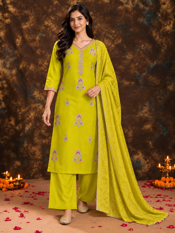 Lime Yellow Silk Blend Floral Embroidered Kurta Trouser Set with Dupatta & Inner