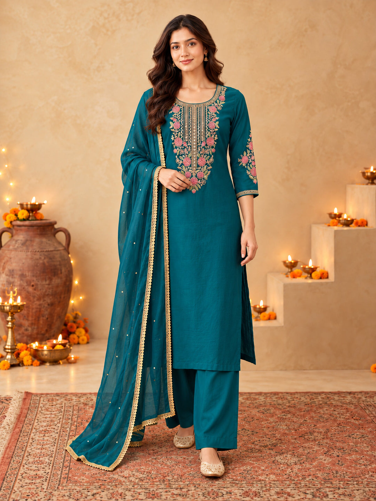Teal Blue Silk Blend Floral Embroidered Kurta Trouser Set with Dupatta & Inner